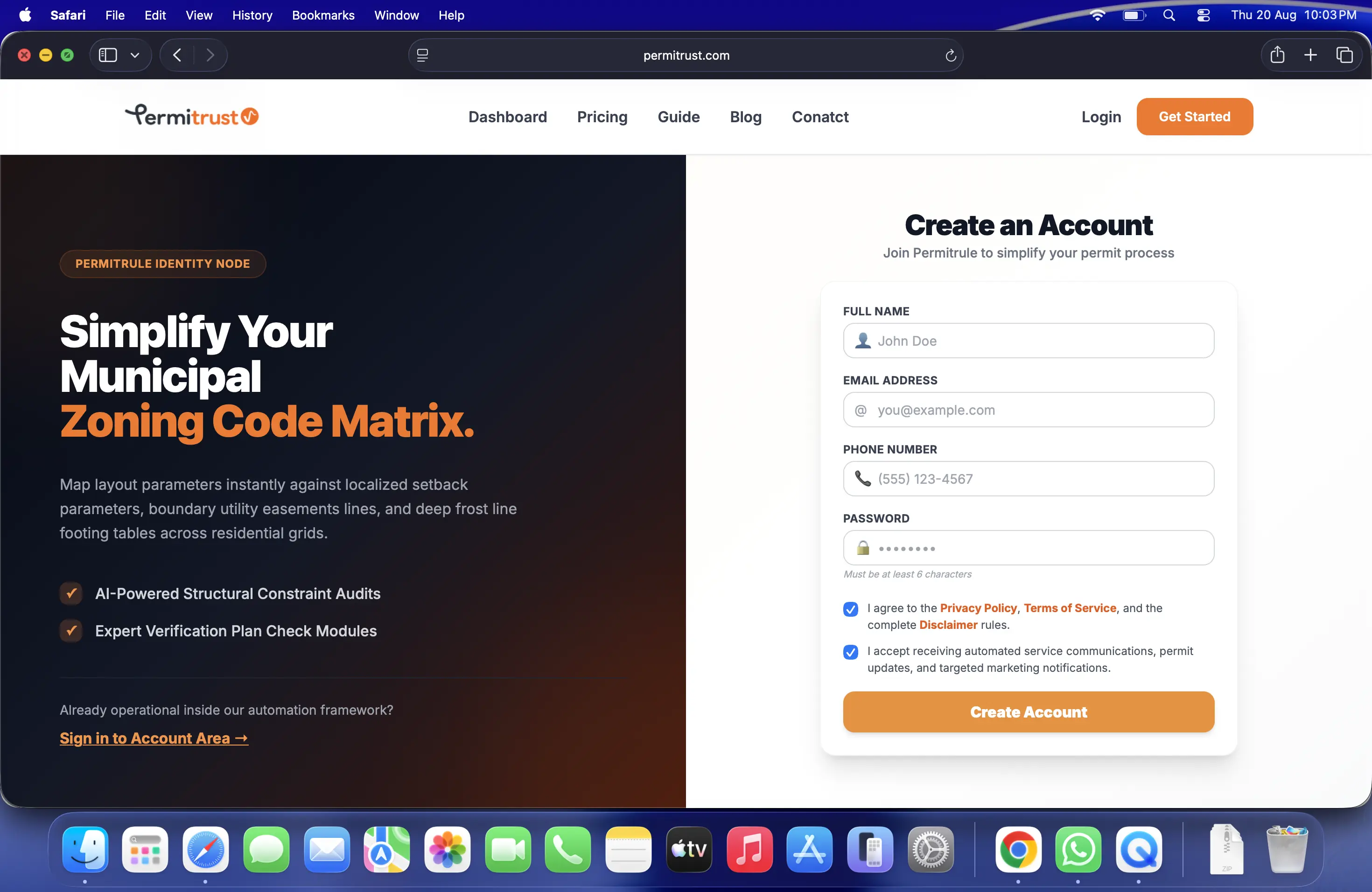 Permitrust account registration screen