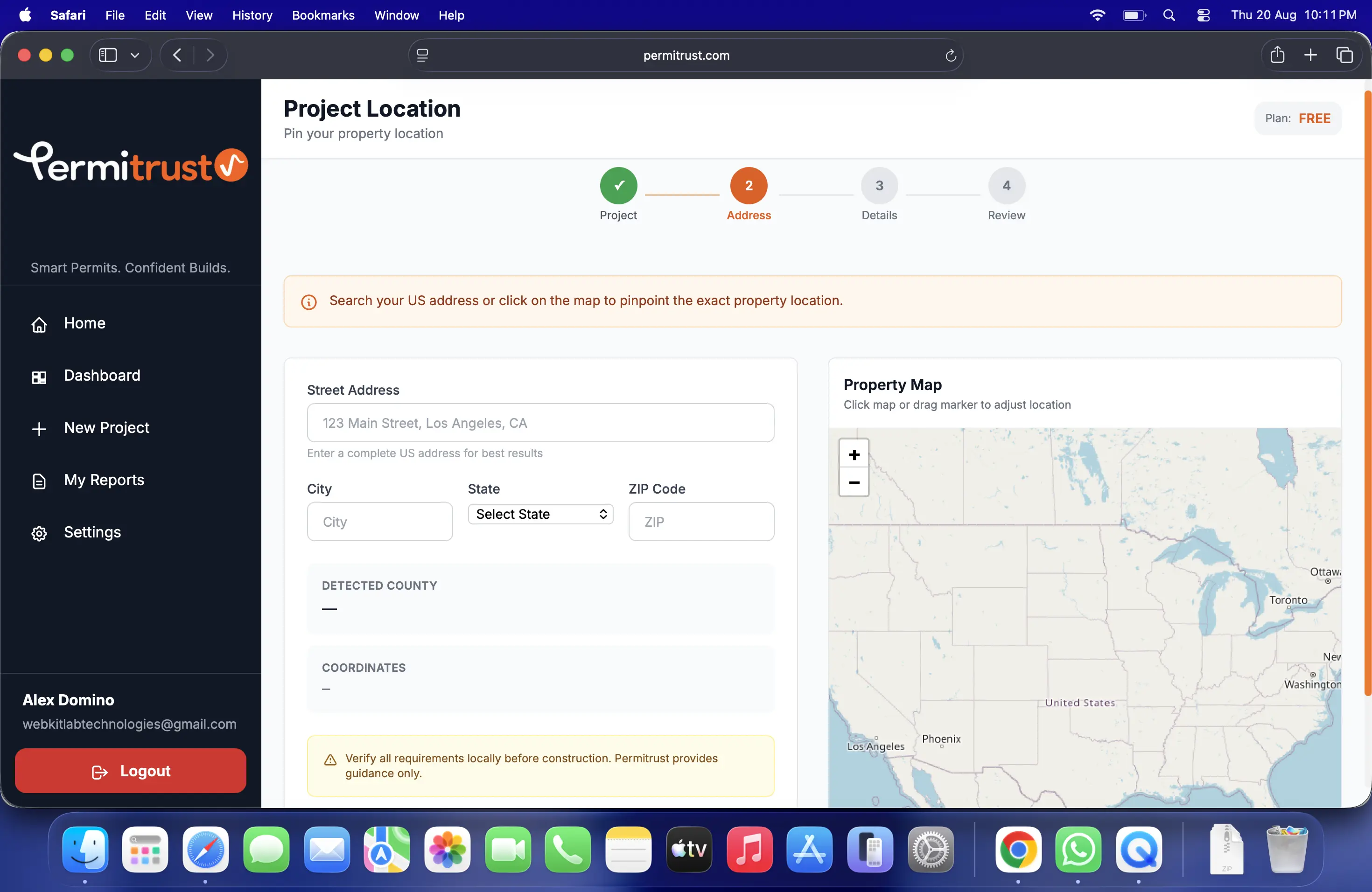 Permitrust property address entry screen